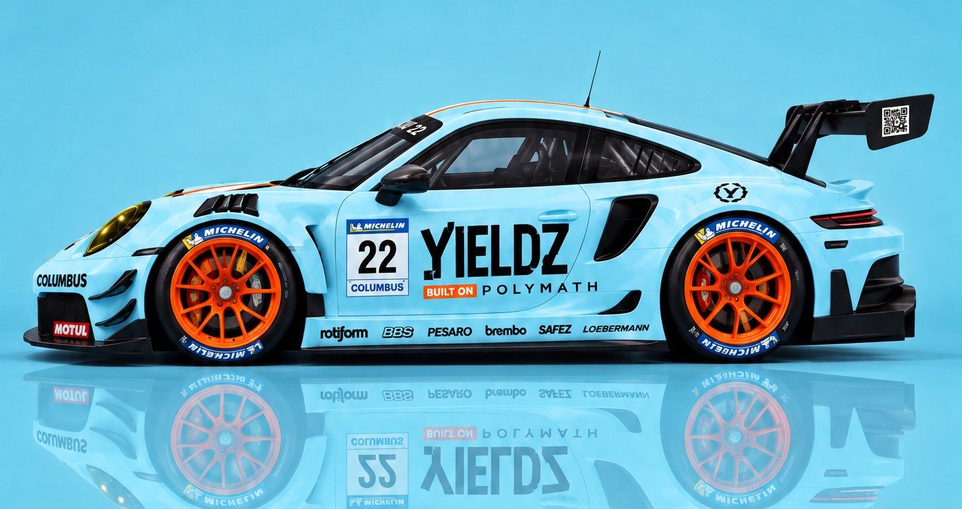 Side profile of the Yieldz No. 22 Porsche with the six sponsor placements marked