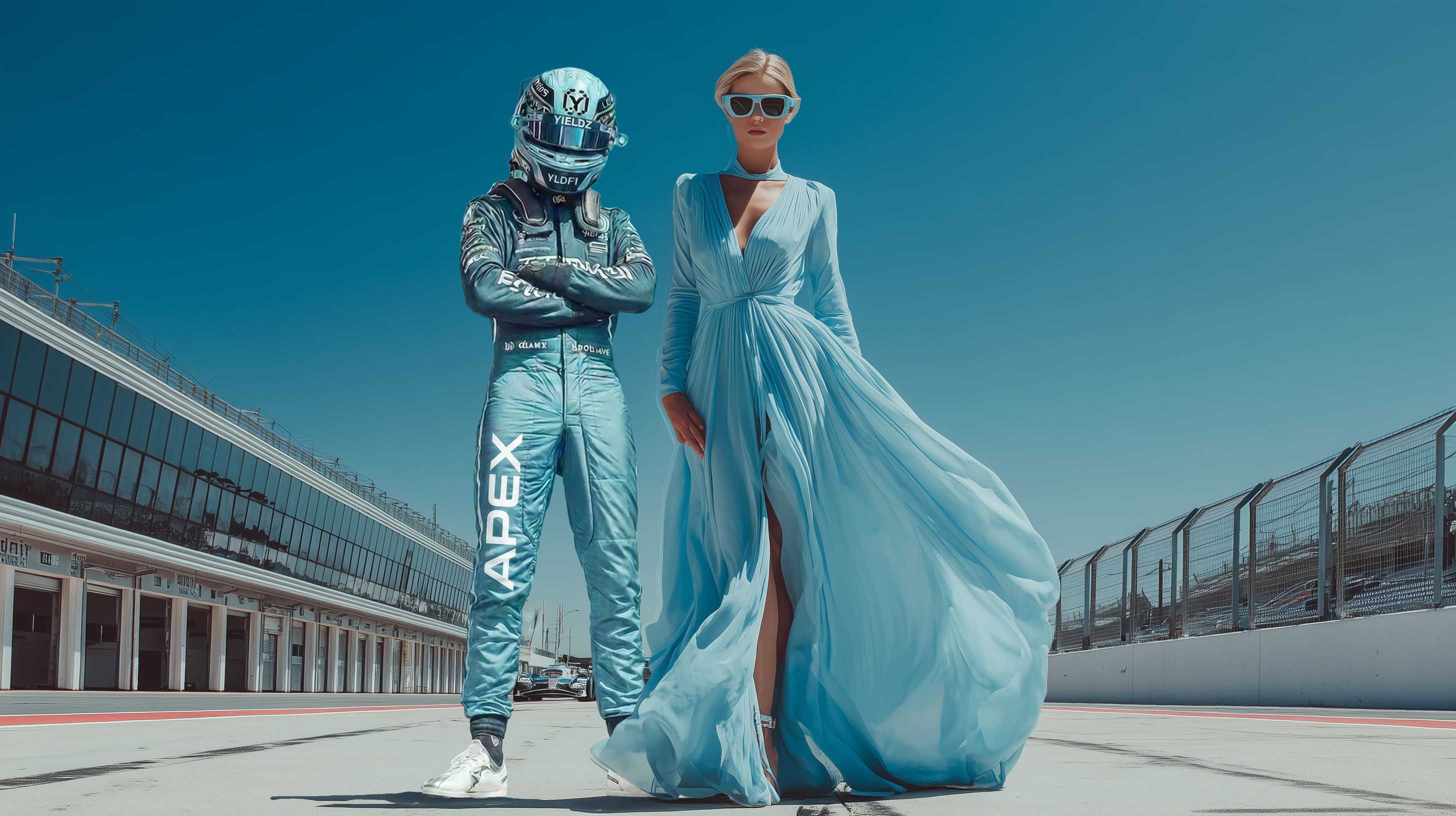 A Yieldz Motorsport driver in team colors standing on the pit lane beside a woman in a flowing blue gown